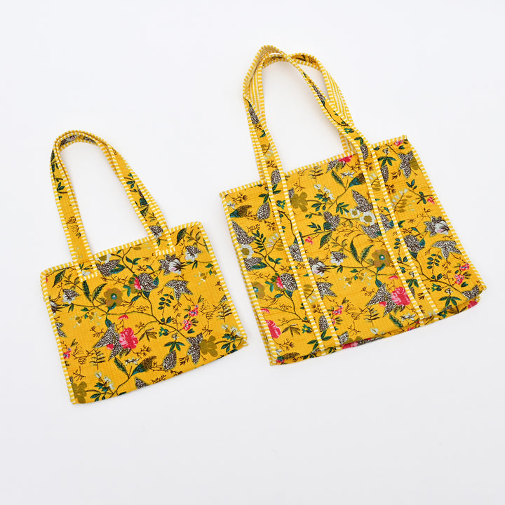 Tote Bag | Vibrant Yellow Quilted Cotton with Floral Design