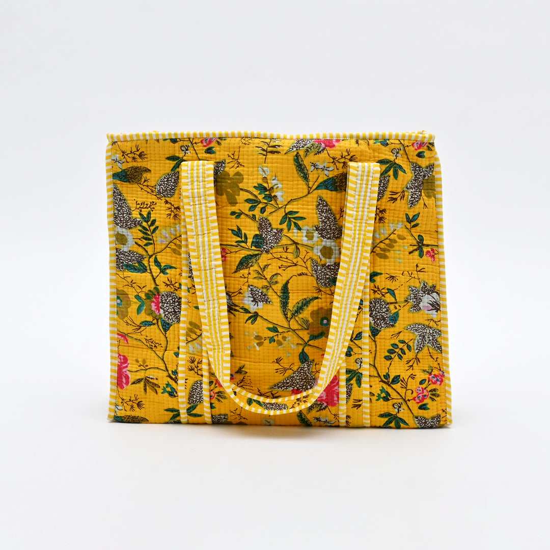 Tote Bag | Vibrant Yellow Quilted Cotton with Floral Design