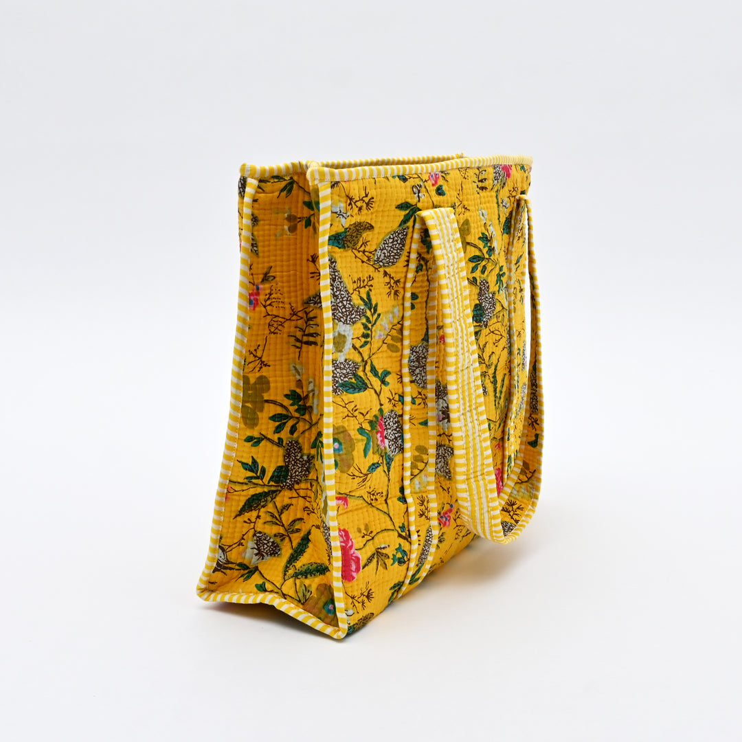 Tote Bag | Vibrant Yellow Quilted Cotton with Floral Design