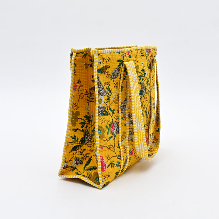 Tote Bag | Vibrant Yellow Quilted Cotton with Floral Design