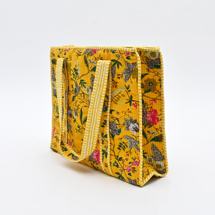 Tote Bag | Vibrant Yellow Quilted Cotton with Floral Design
