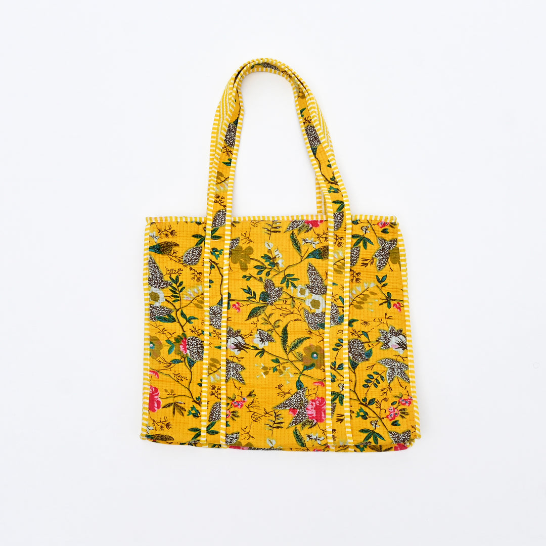 Tote Bag | Vibrant Yellow Quilted Cotton with Floral Design