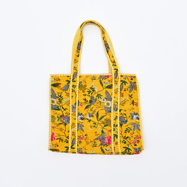Tote Bag | Vibrant Yellow Quilted Cotton with Floral Design