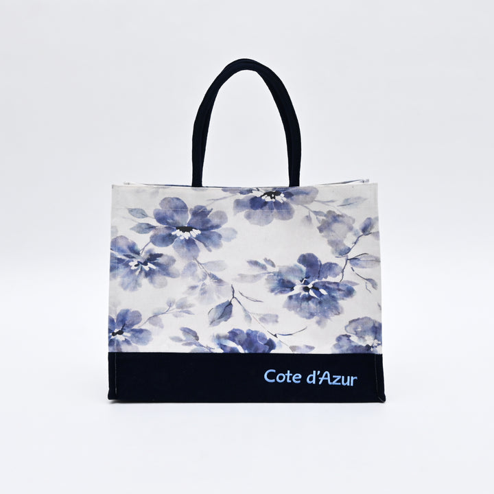 Shopper Bag | Soft Blue Floral-Printed Canvas | Solid Base