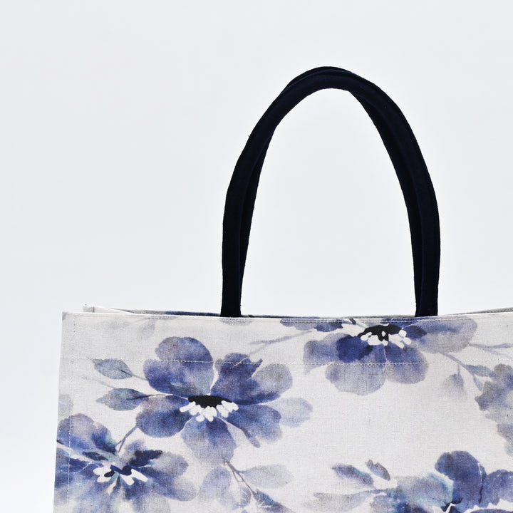 Shopper Bag | Soft Blue Floral-Printed Canvas | Solid Base