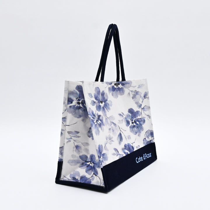 Shopper Bag | Soft Blue Floral-Printed Canvas | Solid Base