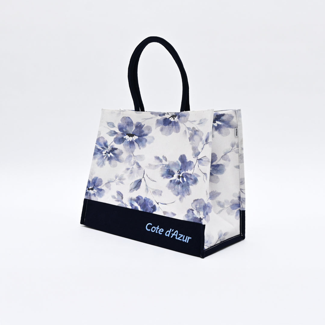 Shopper Bag | Soft Blue Floral-Printed Canvas | Solid Base