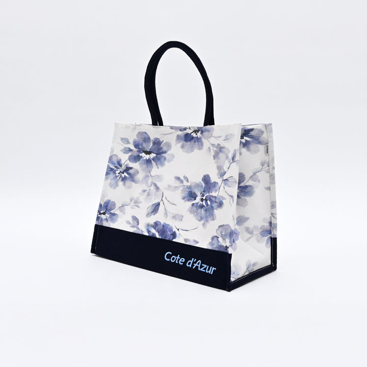 Shopper Bag | Soft Blue Floral-Printed Canvas | Solid Base