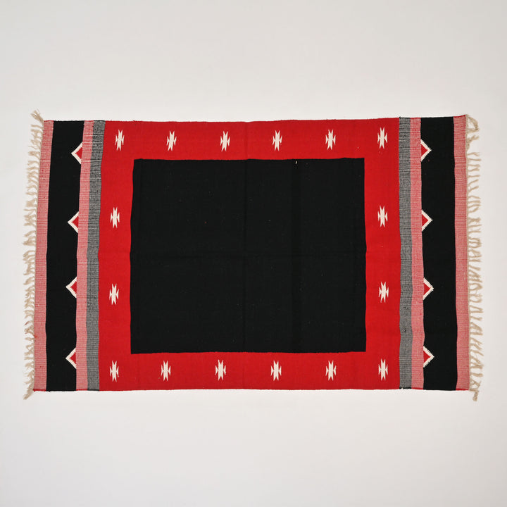 Keelam Warangal Durry | Black, White & Red Handwoven Rug | 72x48"