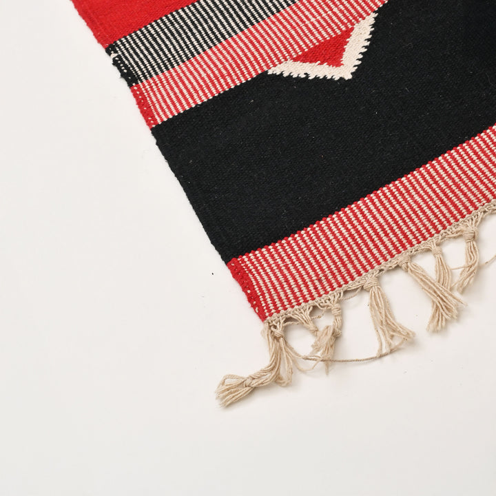 Keelam Warangal Durry | Black, White & Red Handwoven Rug | 72x48"