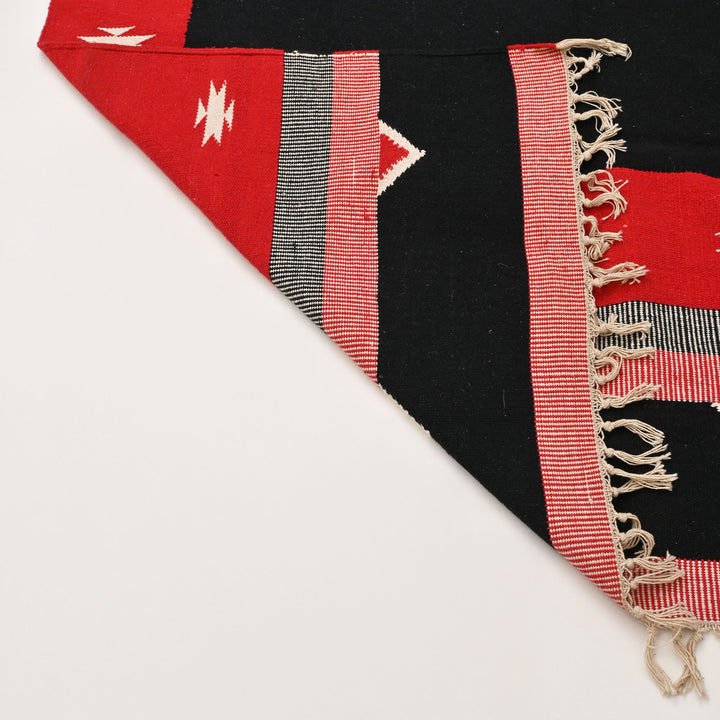 Keelam Warangal Durry | Black, White & Red Handwoven Rug | 72x48"