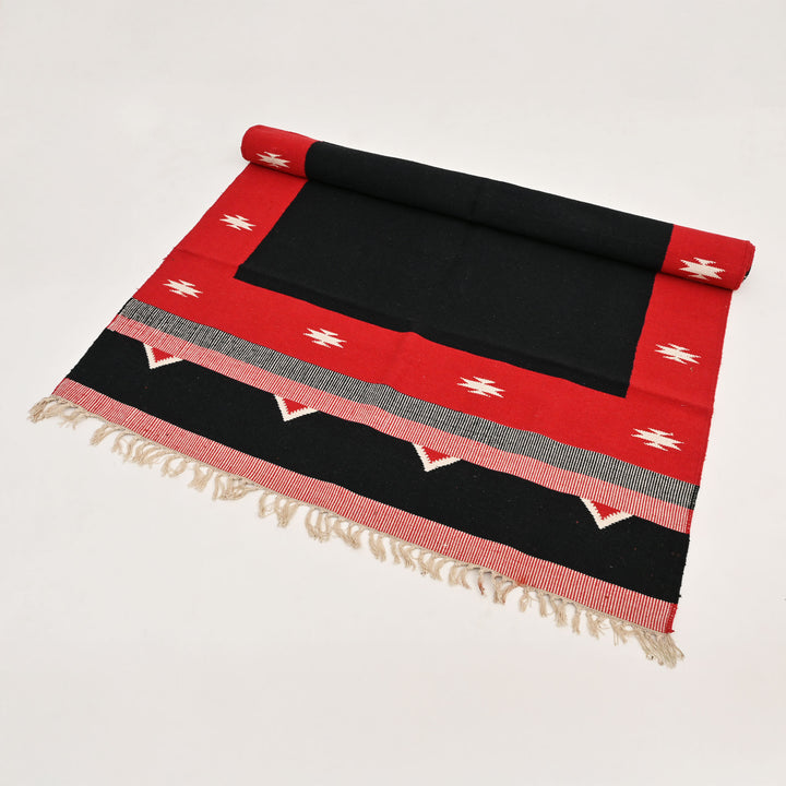 Keelam Warangal Durry | Black, White & Red Handwoven Rug | 72x48"