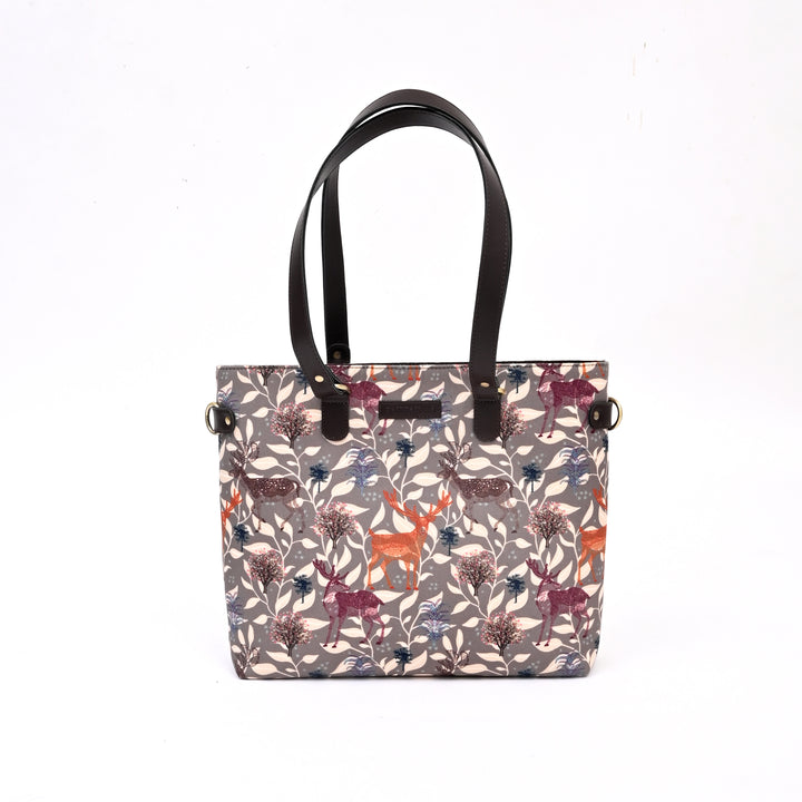 Handmade Deer Motif Office Tote | Grey Vegan Leather 16.5"