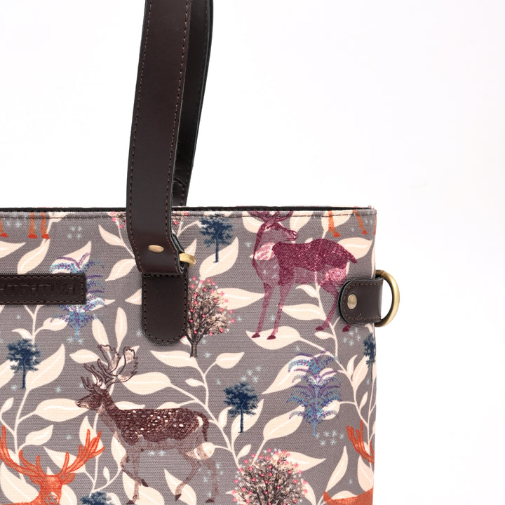 Handmade Deer Motif Office Tote | Grey Vegan Leather 16.5"
