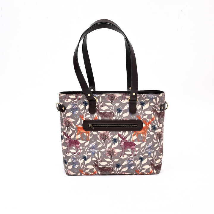 Handmade Deer Motif Office Tote | Grey Vegan Leather 16.5"
