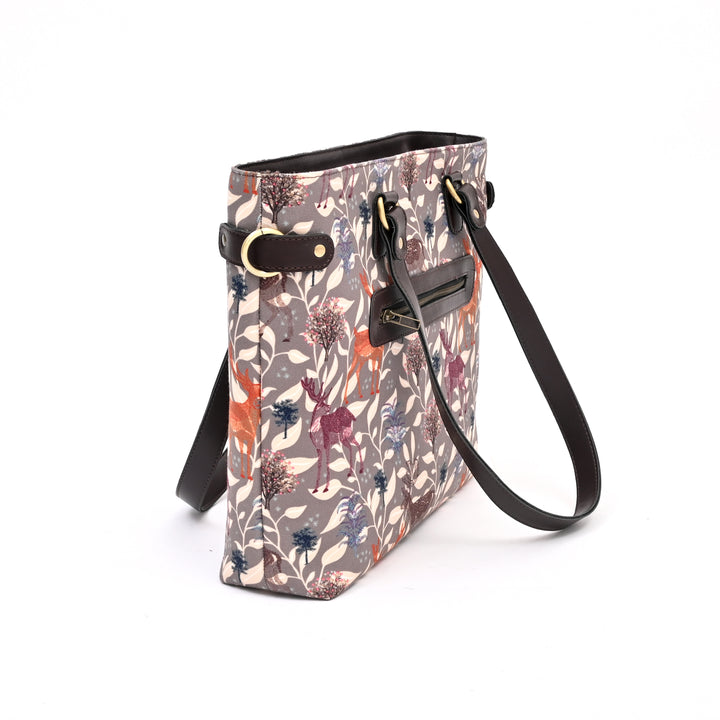 Handmade Deer Motif Office Tote | Grey Vegan Leather 16.5"