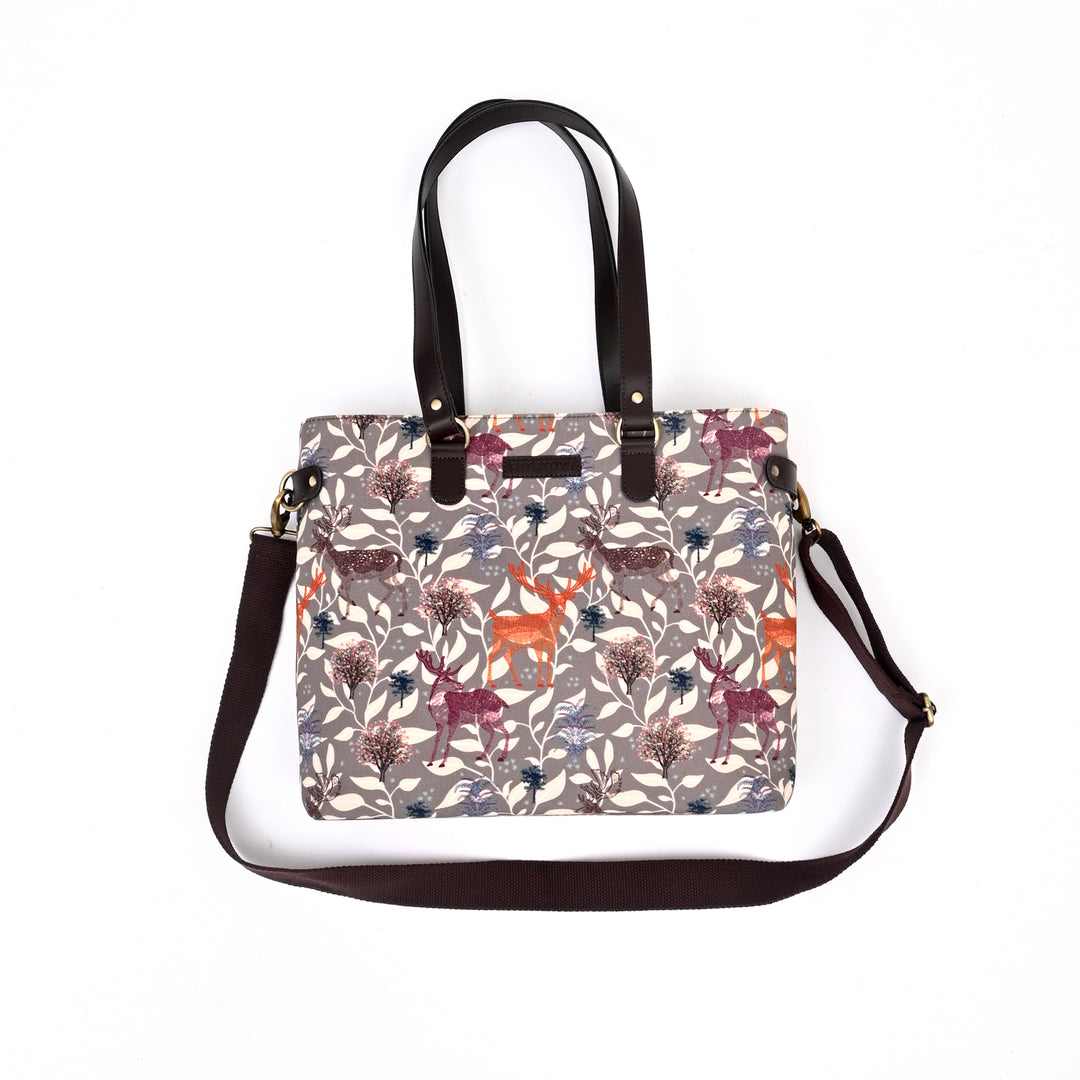 Handmade Deer Motif Office Tote | Grey Vegan Leather 16.5"