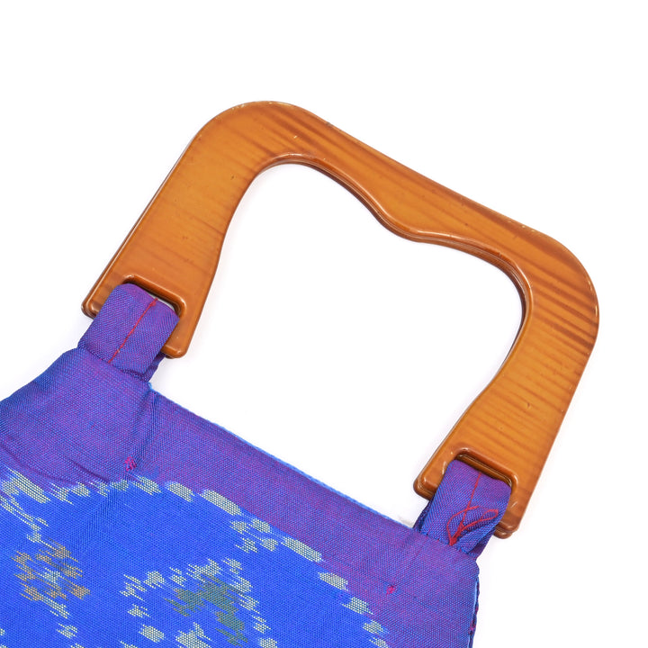 Handcrafted Ikat Blue Carry Bag with Wooden Handle | Traditional Elegance in a Modern Form