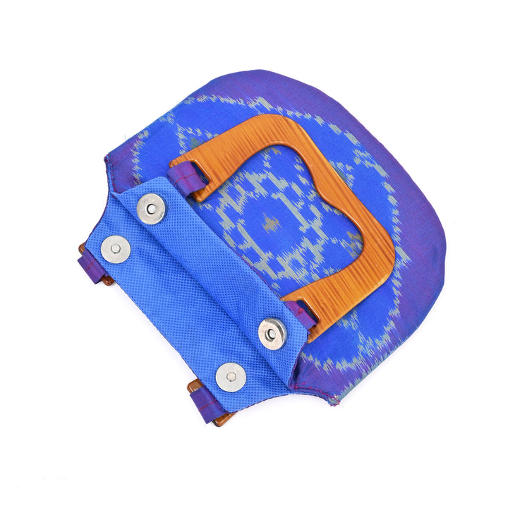Handcrafted Ikat Blue Carry Bag with Wooden Handle | Traditional Elegance in a Modern Form