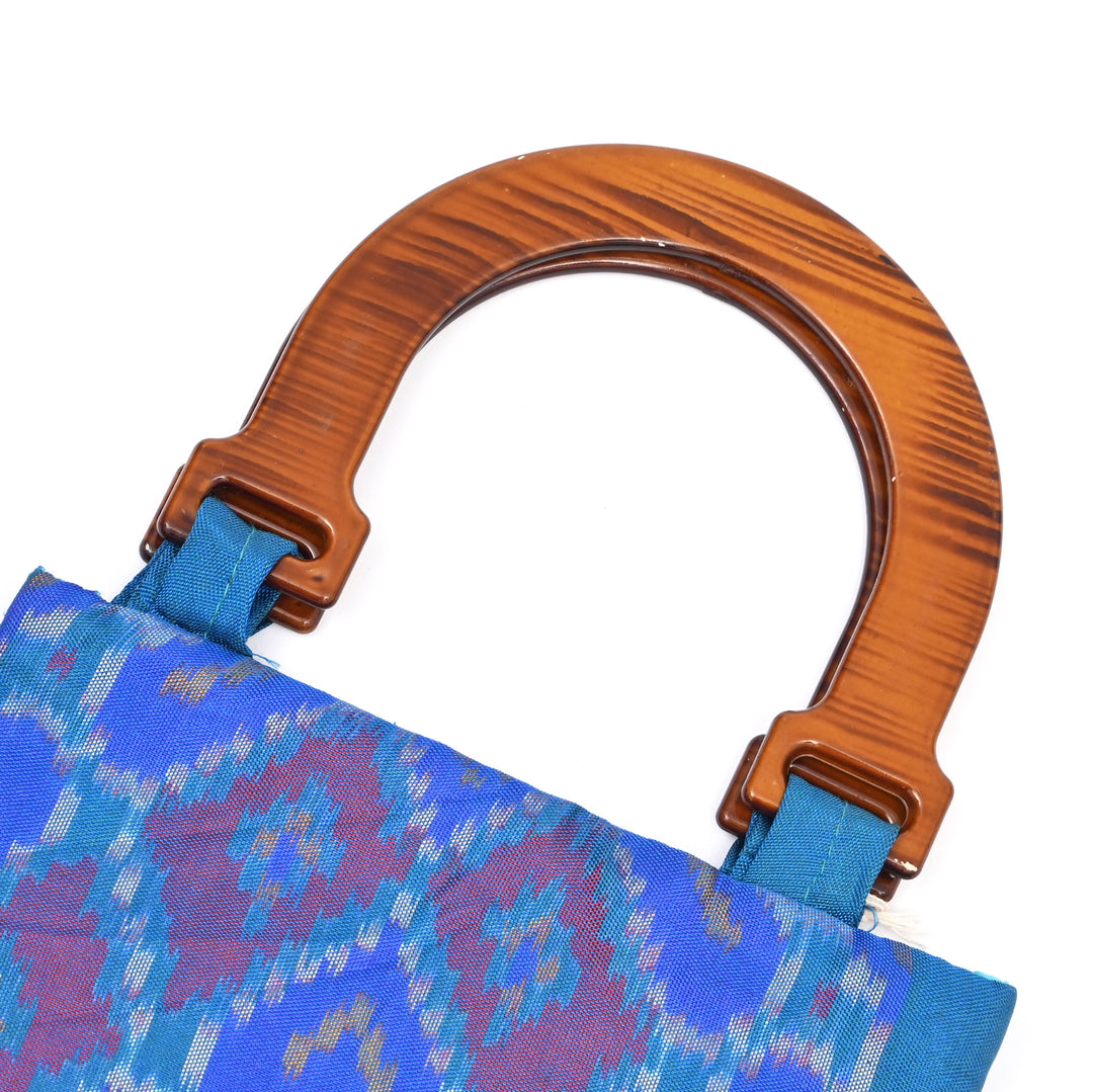 Artisanal Patola Silk Fabric Carry Bag - Blue Ikat Handwoven Tote