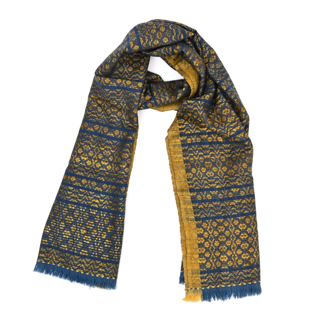 Tussar Silk Merino Wool Dupatta | Blue/Gold, 86"x35"