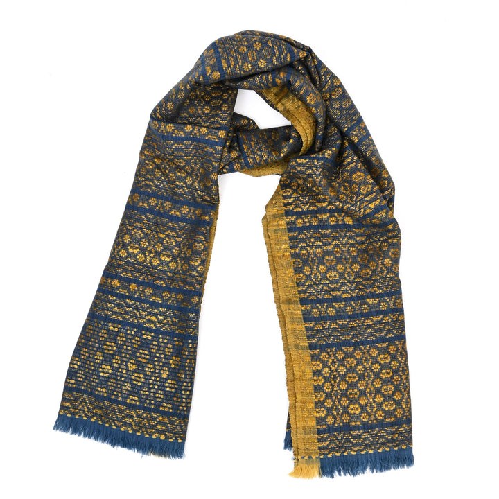 Tussar Silk Merino Wool Dupatta | Blue/Gold, 86"x35"