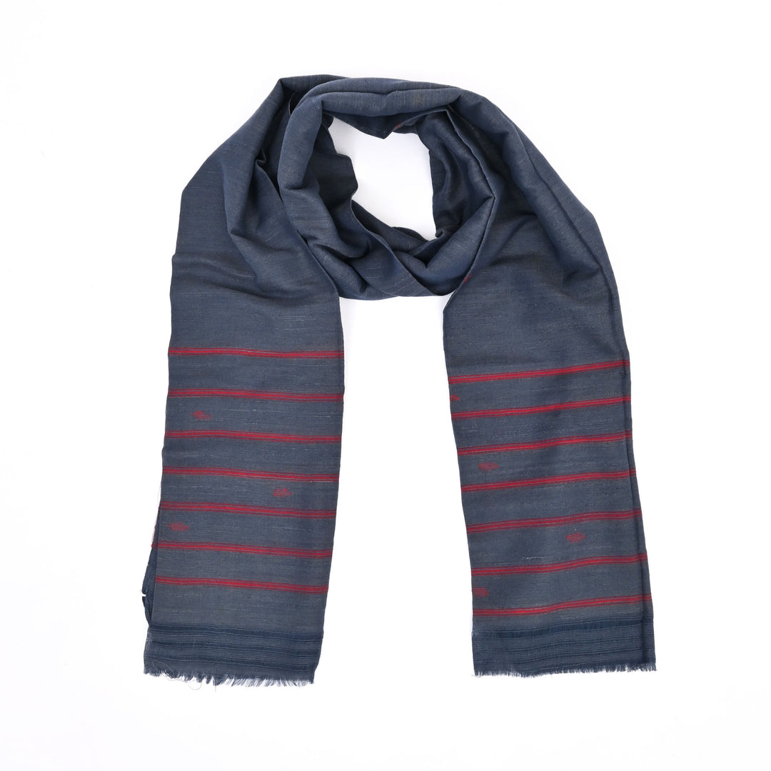 Handwoven Deep Indigo Cotton Stole | Traditional Crimson Stripe Design Scarf