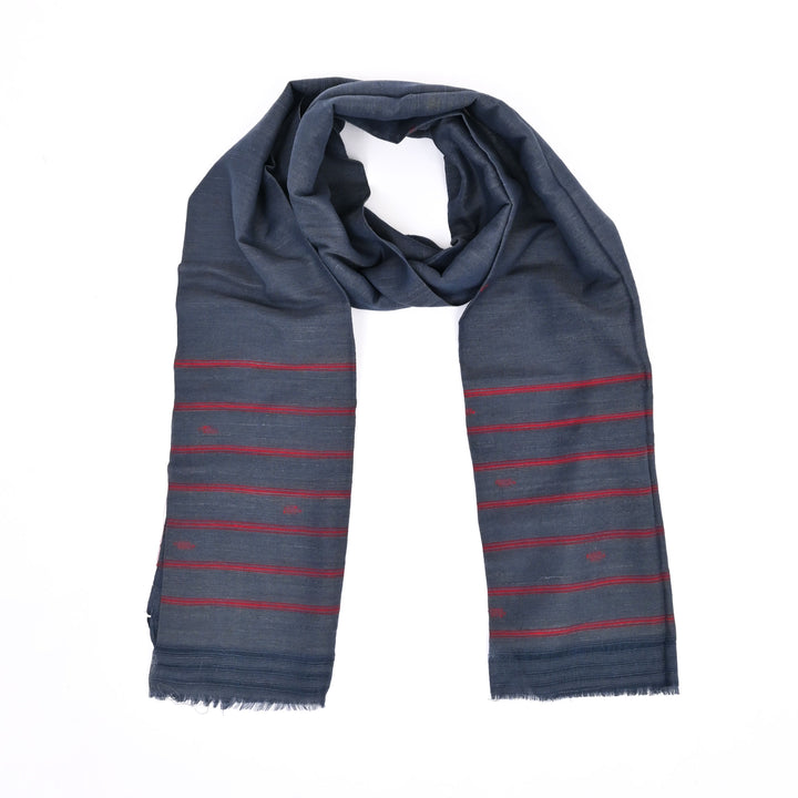 Handwoven Deep Indigo Cotton Stole | Traditional Crimson Stripe Design Scarf