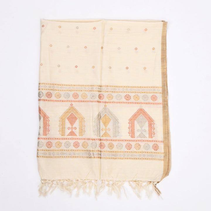 Tussar & Mulberry Silk Shawl | Off-White & Natural, Handwoven Elegance | 100X40"