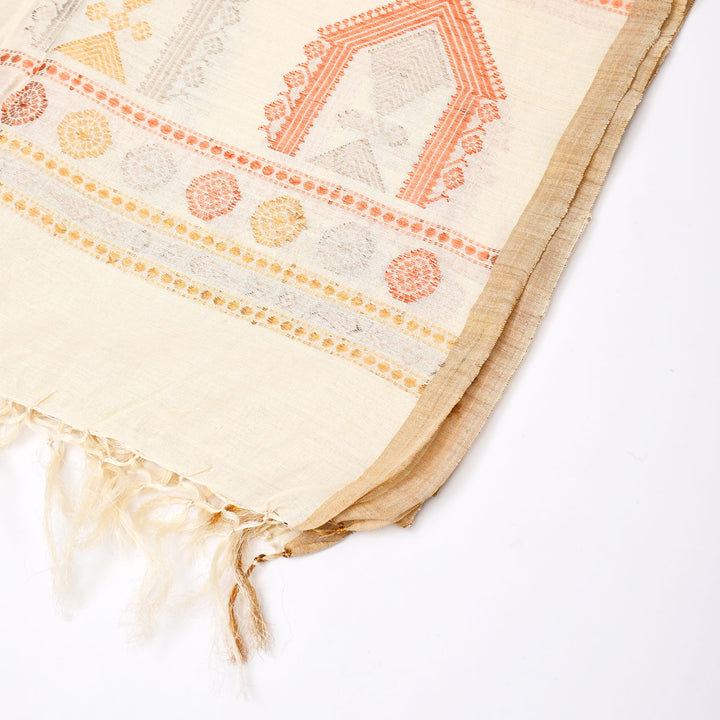 Tussar & Mulberry Silk Shawl | Off-White & Natural, Handwoven Elegance | 100X40"
