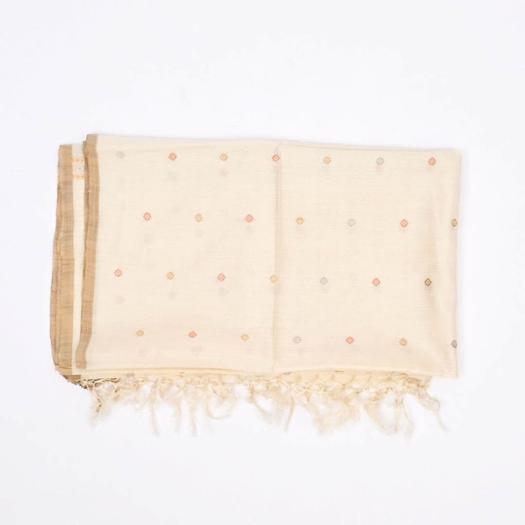 Tussar & Mulberry Silk Shawl | Off-White & Natural, Handwoven Elegance | 100X40"