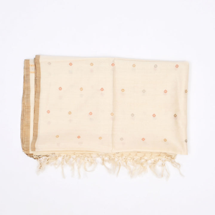 Tussar & Mulberry Silk Shawl | Off-White & Natural, Handwoven Elegance | 100X40"