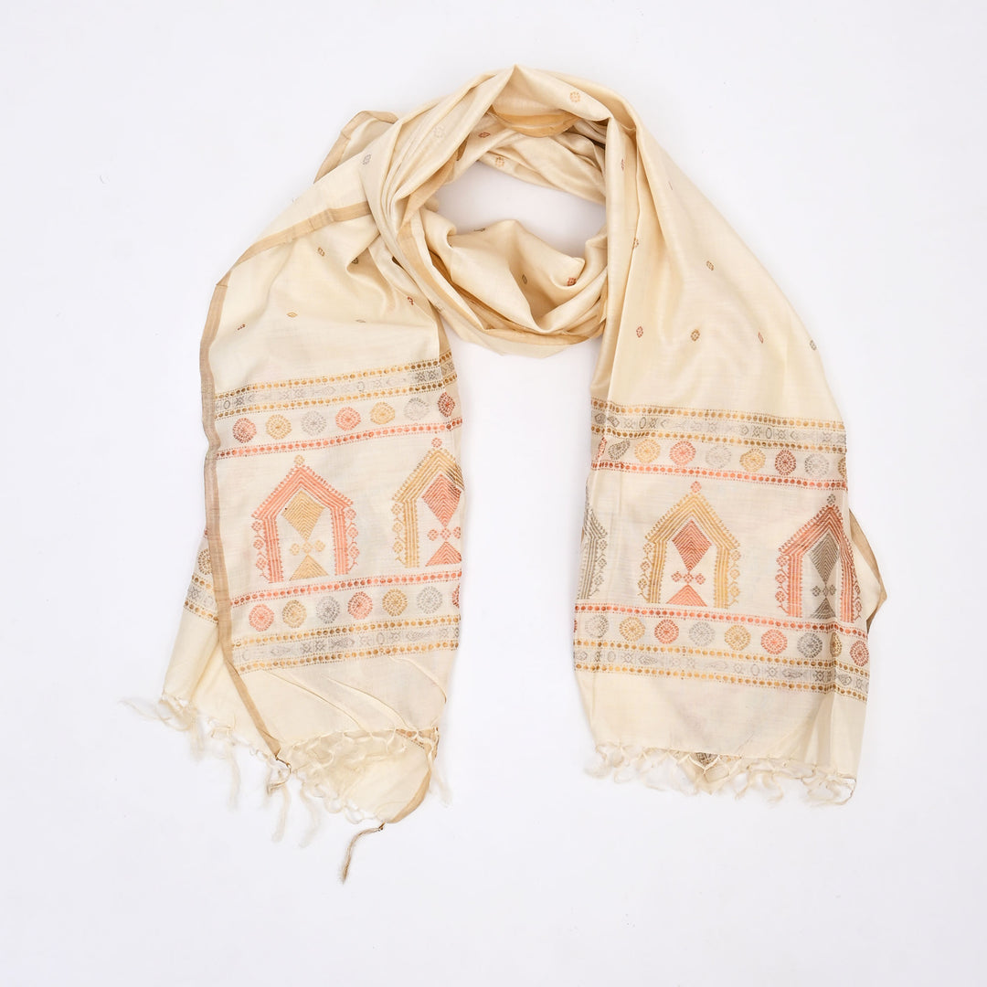 Tussar & Mulberry Silk Shawl | Off-White & Natural, Handwoven Elegance | 100X40"