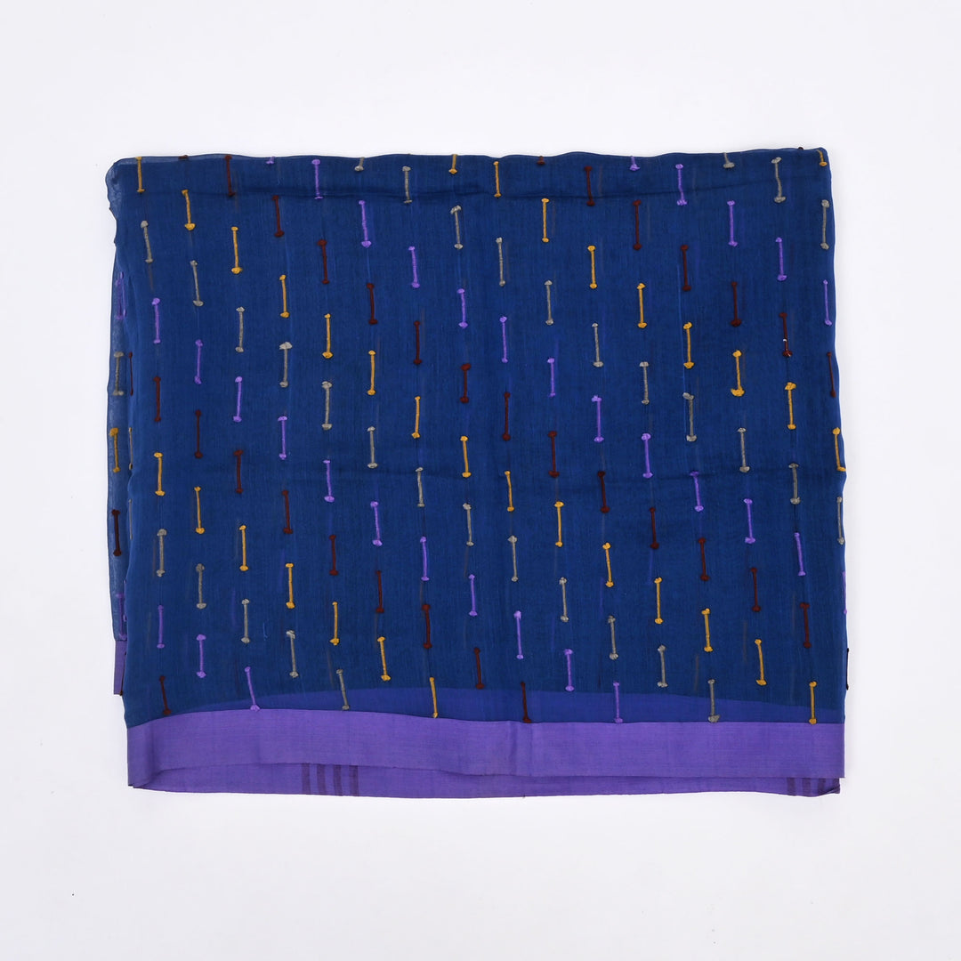 Royal Blue Cotton-Silk Scarf with Traditional Decorative Border | Elegant Drape