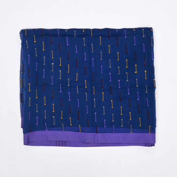 Royal Blue Cotton-Silk Scarf with Traditional Decorative Border | Elegant Drape