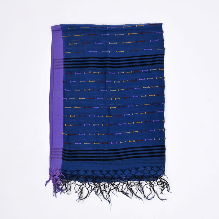 Royal Blue Cotton-Silk Scarf with Traditional Decorative Border | Elegant Drape