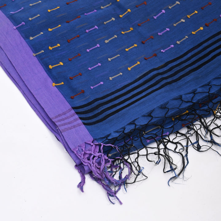 Royal Blue Cotton-Silk Scarf with Traditional Decorative Border | Elegant Drape