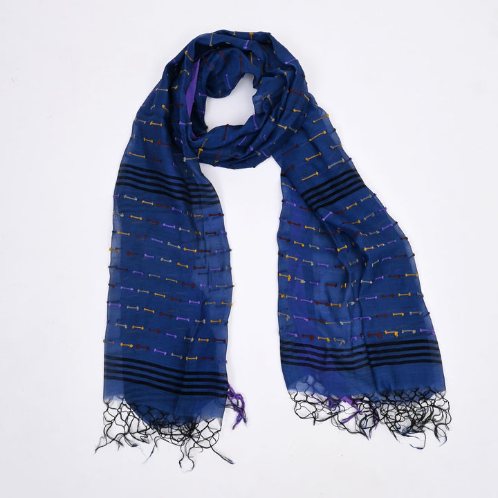 Royal Blue Cotton-Silk Scarf with Traditional Decorative Border | Elegant Drape