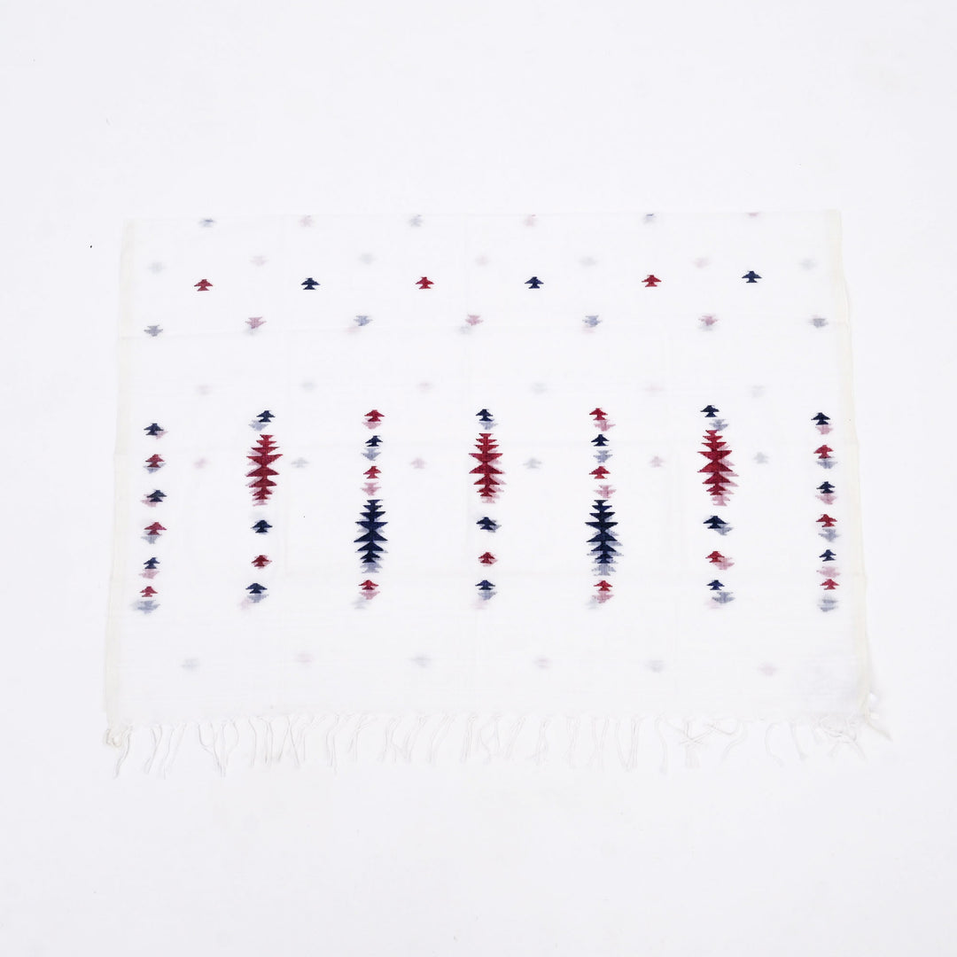 White Cotton Jamdani Stole | Handloom Woven Scarf with Elegant Tassels