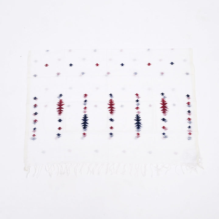 White Cotton Jamdani Stole | Handloom Woven Scarf with Elegant Tassels