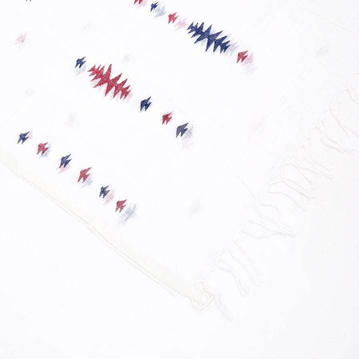 White Cotton Jamdani Stole | Handloom Woven Scarf with Elegant Tassels