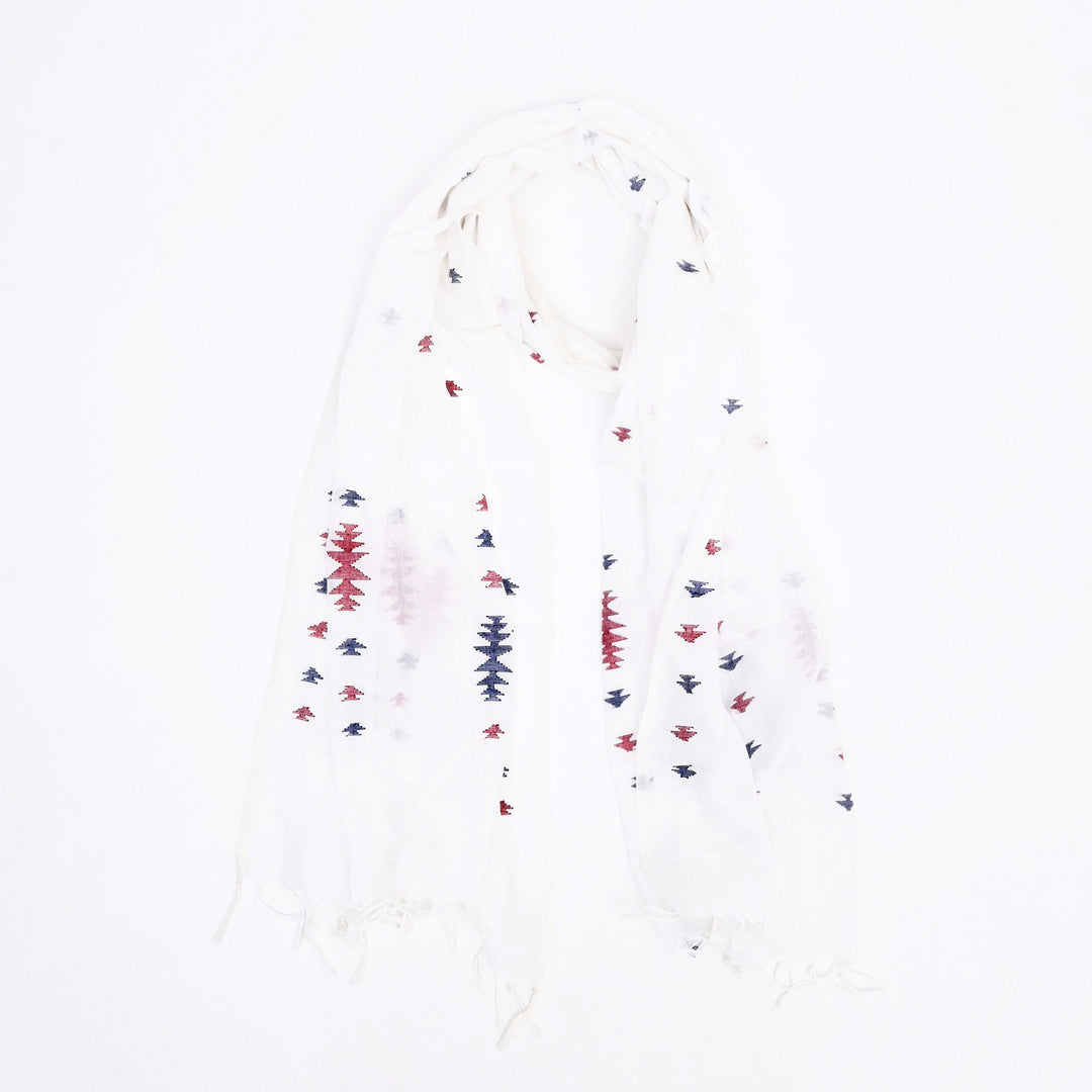White Cotton Jamdani Stole | Handloom Woven Scarf with Elegant Tassels