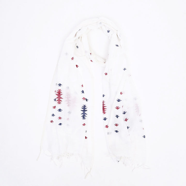 White Cotton Jamdani Stole | Handloom Woven Scarf with Elegant Tassels