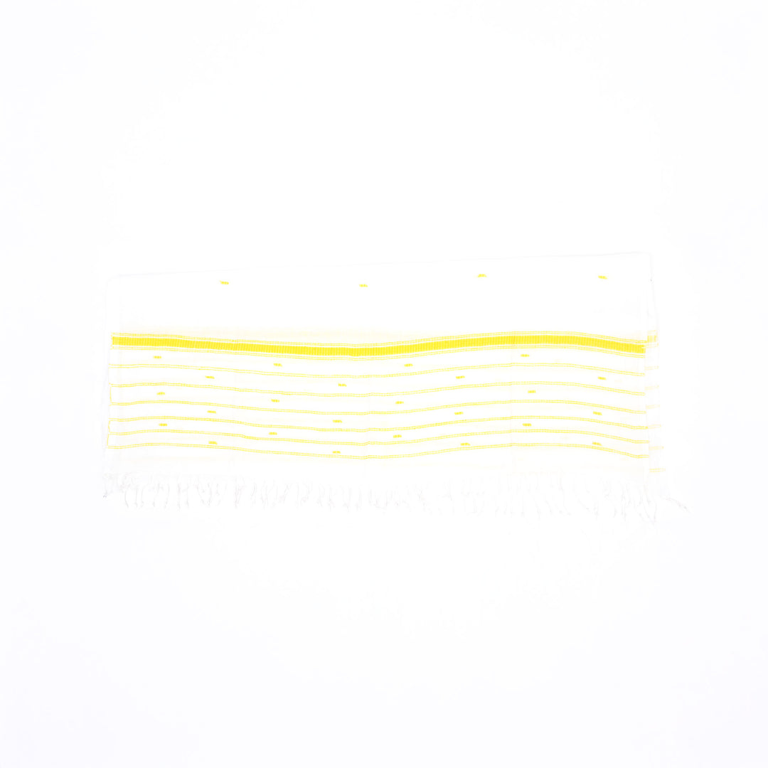 Handwoven White Cotton Stole | Yellow Stripe Thread Buti Traditional Scarf
