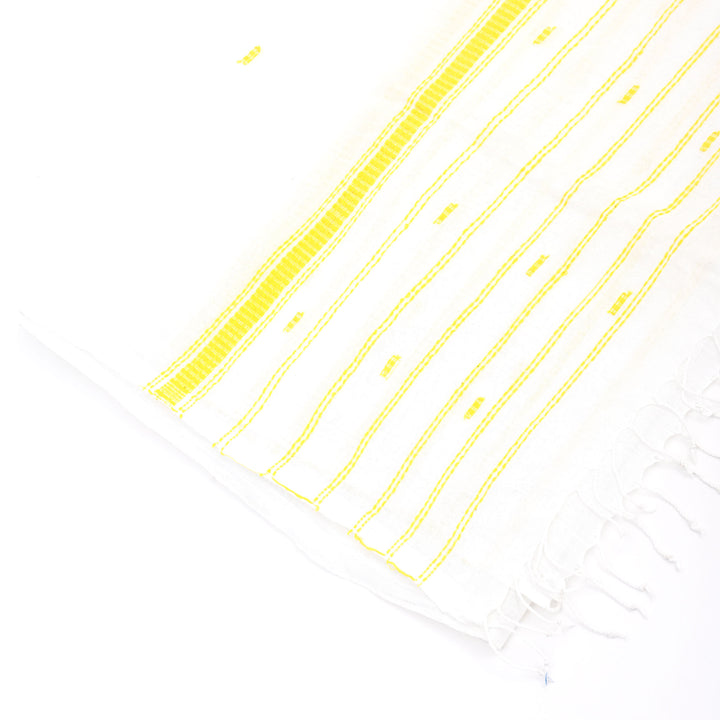Handwoven White Cotton Stole | Yellow Stripe Thread Buti Traditional Scarf
