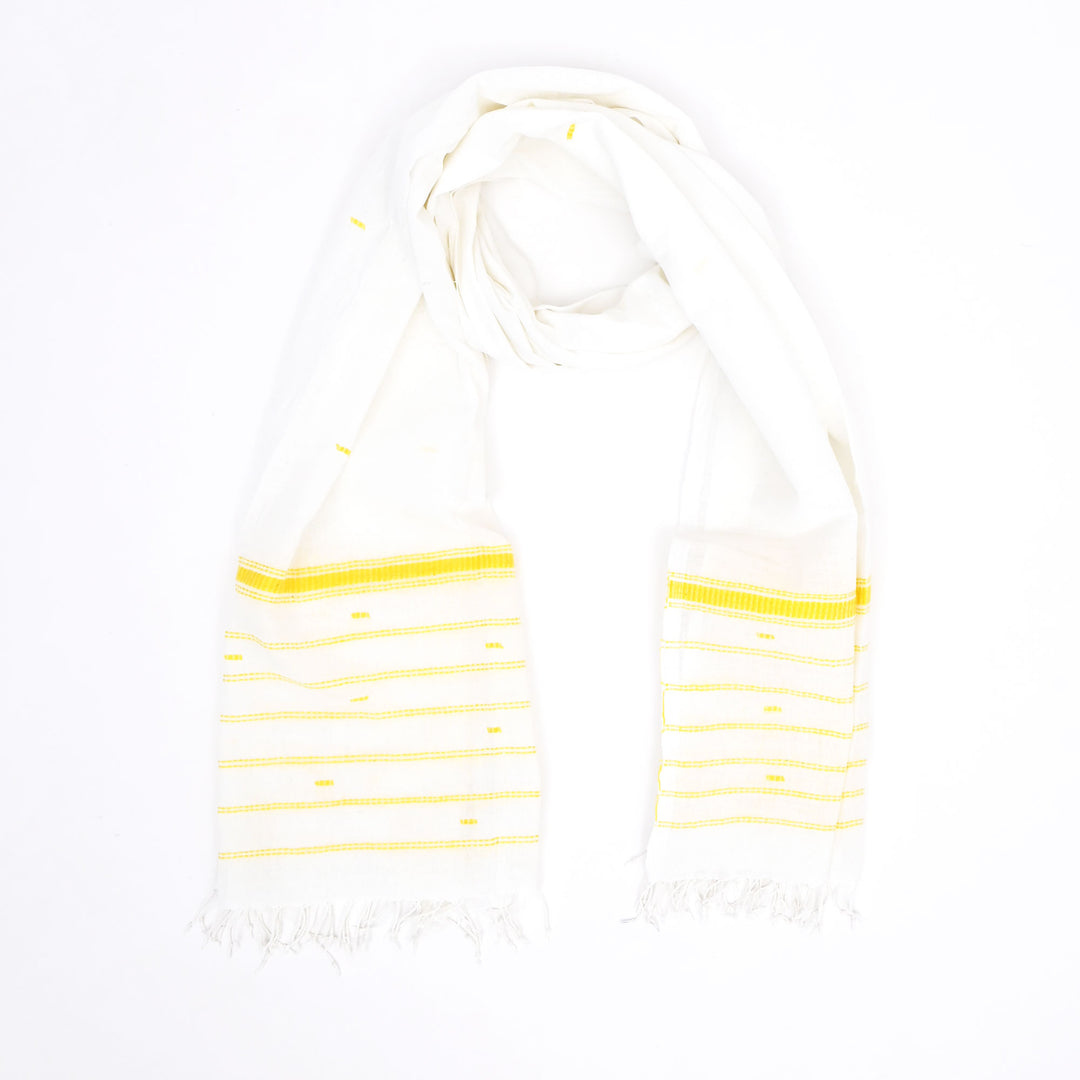 Handwoven White Cotton Stole | Yellow Stripe Thread Buti Traditional Scarf