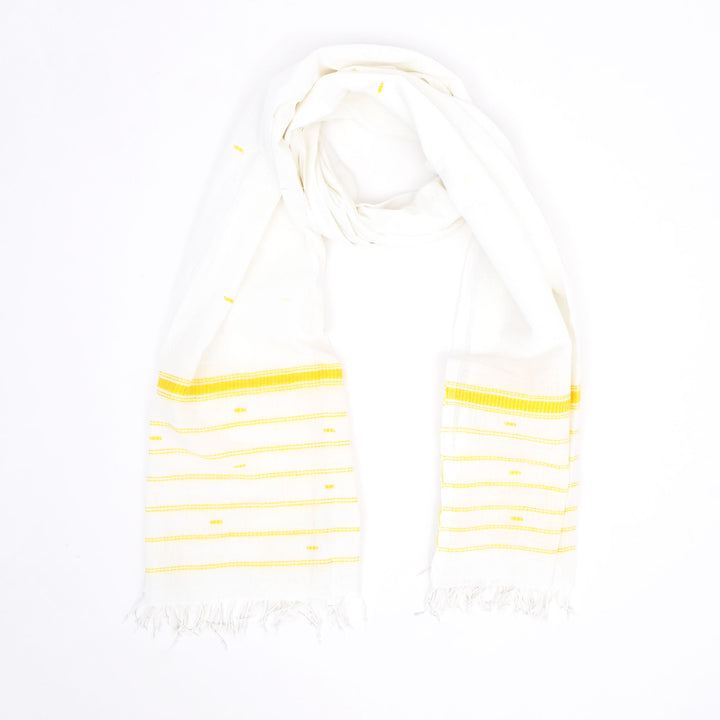 Handwoven White Cotton Stole | Yellow Stripe Thread Buti Traditional Scarf
