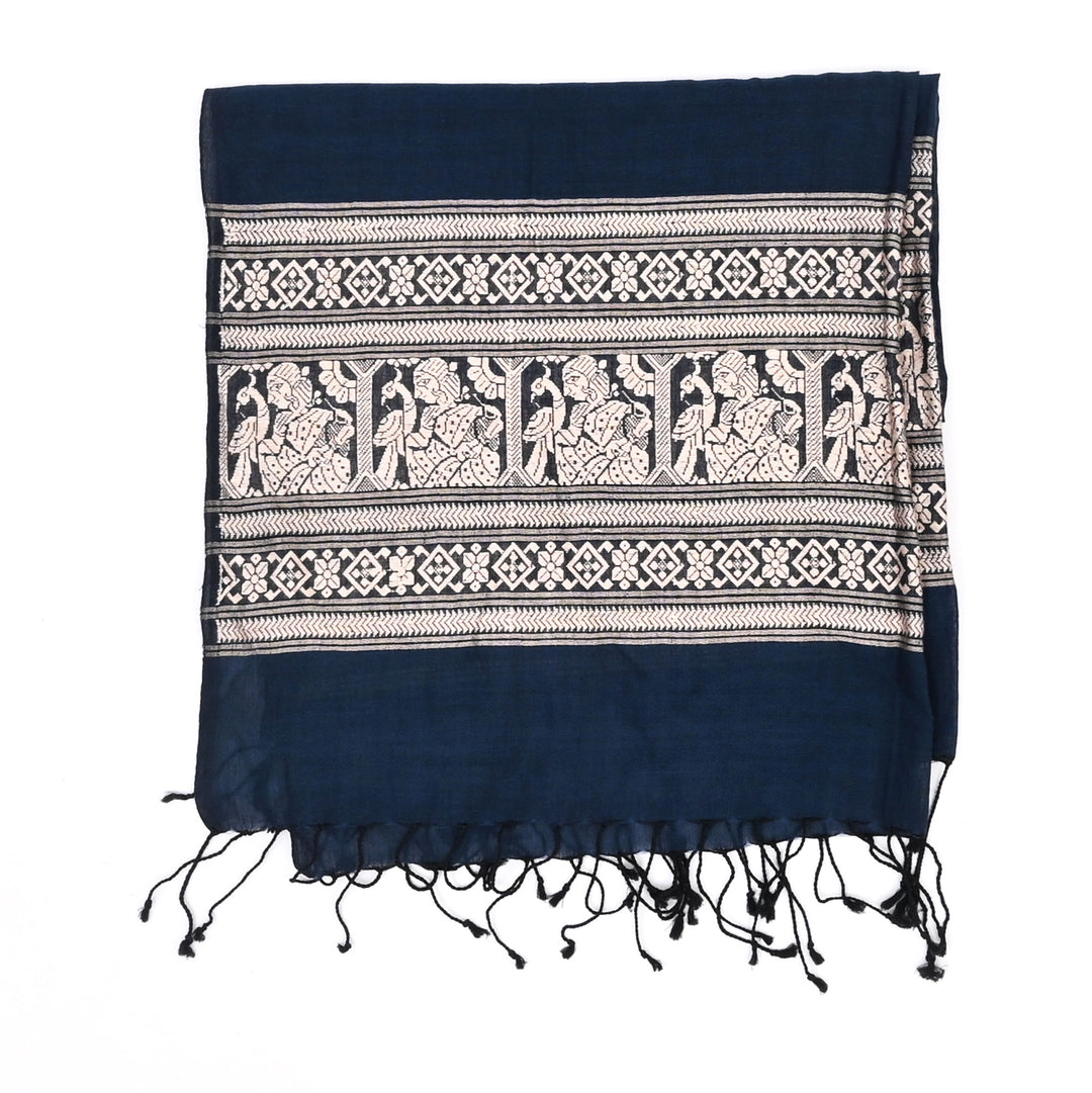 Cotton Baluchari Stole | Traditional Indigo Wrap 78"x24.5"
