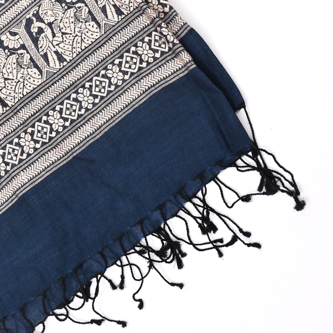 Cotton Baluchari Stole | Traditional Indigo Wrap 78"x24.5"
