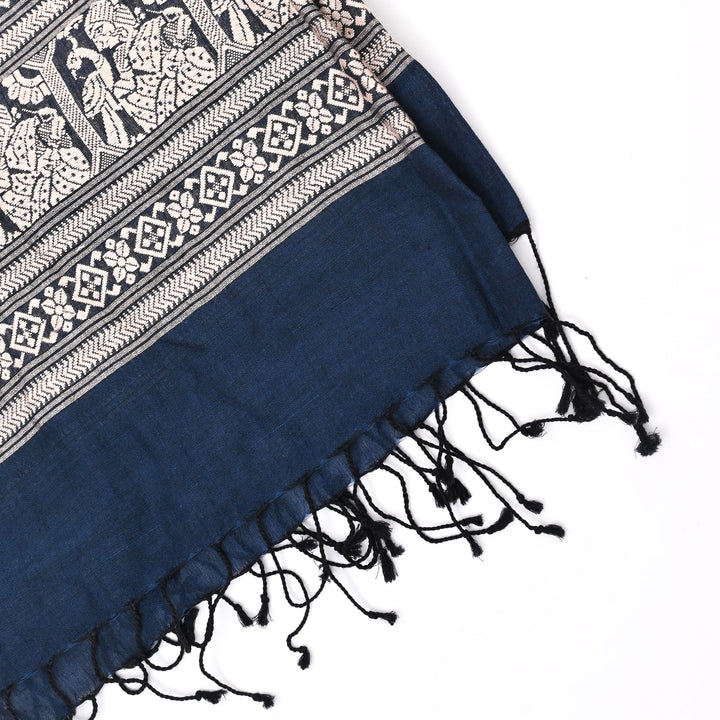 Cotton Baluchari Stole | Traditional Indigo Wrap 78"x24.5"